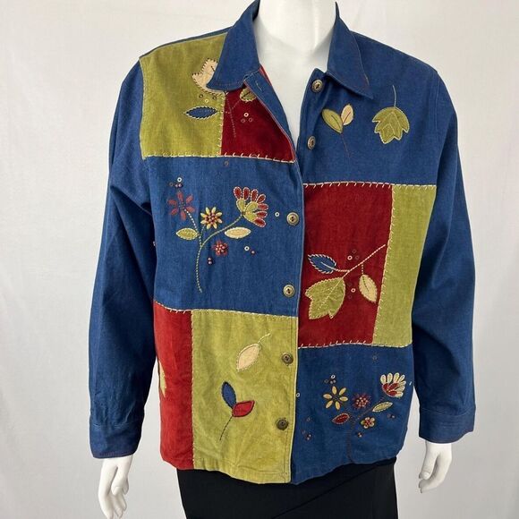 Vintage 90s Fall Leaves Alfred Dunner Button Up Denim Jacket - Picture 1 of 6